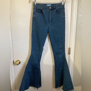 🌞Mumu Blue Medium Wash Hi Rise Flare Large Bell Bottom Raw Hem Denim Jean’sA216
